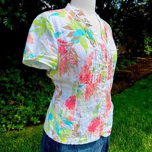 JM Collection Pink 🌸 and Green Fitted Button Down Shirt with Mandarin Collar